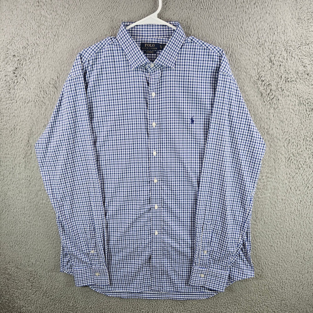 Polo Ralph Lauren Performance Mens XL Gingham Button Down Shirt Blue Stretch